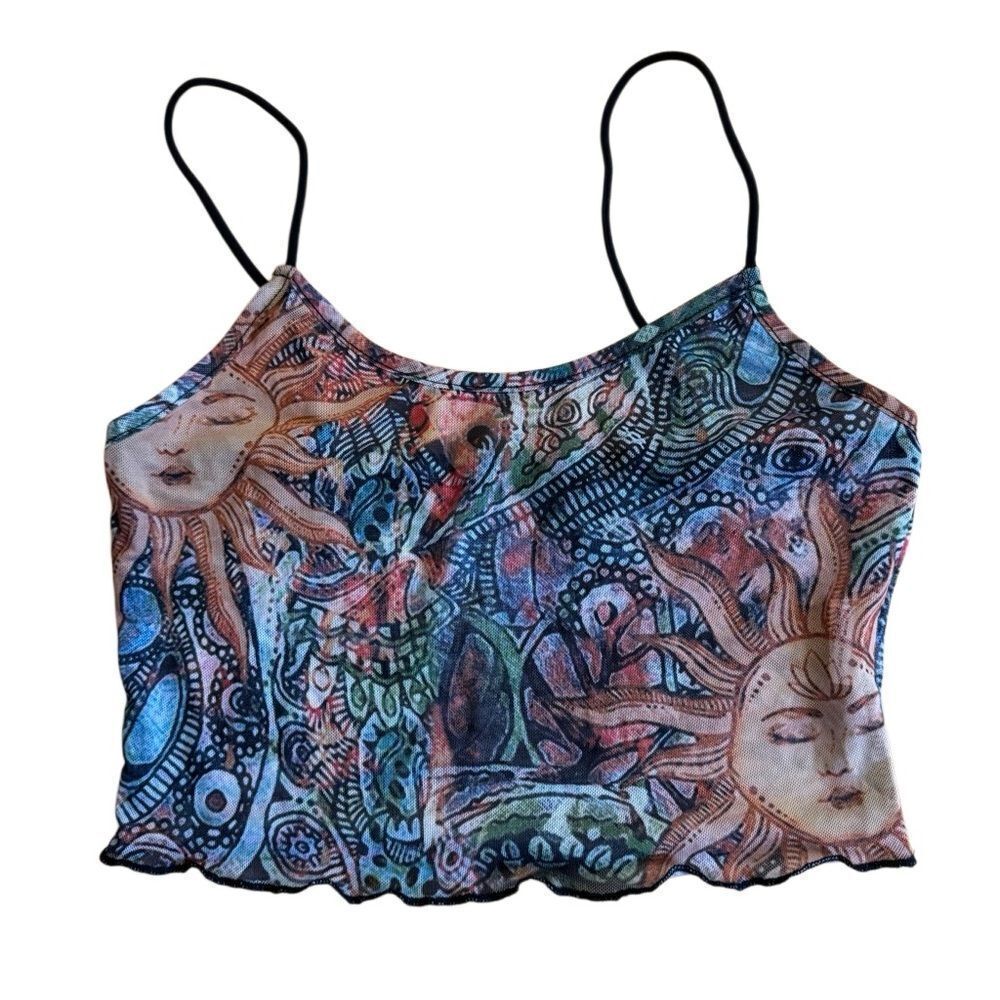 90s Y2K Celestial Sun Mesh Crop Tank Top Boho Festival Size XS - Picture 2 of 5